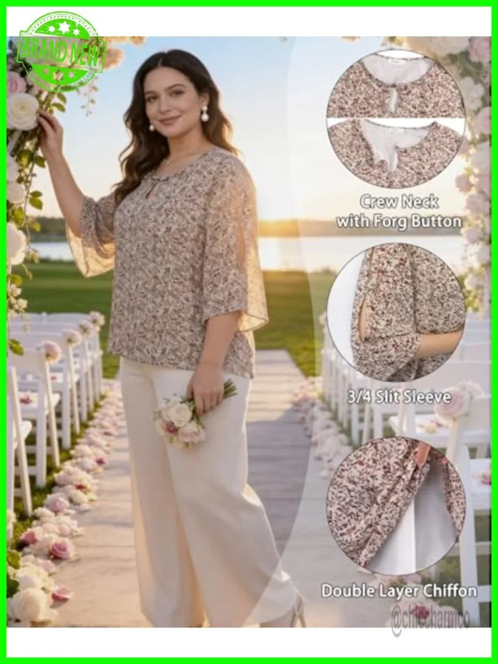 Plus Size Chiffon Blouse 3/4 Sleeve Double Layer Knot Button Tunic